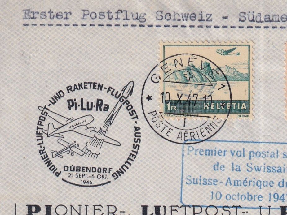 Tutti i francobolli: Erster Postflug CH - Südamerika  /  Genève 10.10.1947 – Usato da Orvin venduto da Pyaeschli 3