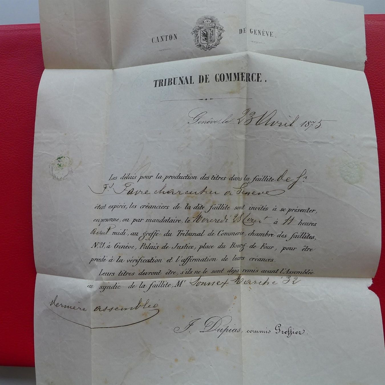 Tutti i francobolli: 1875, 30: blauer TRIBUNAL-Stempel, BRIEF: GENF +illustriert – Usato da Sursee venduto da Luzernerraute 3