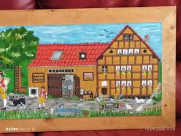 Handgemaltes Holzbild Alpaufzug mit Kuh im Holzrahmen