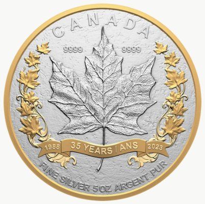 Alle Münzen: 5 Unze Silber 35 Jahre Maple Leaf 2023 – Neu und originalverpackt aus Widnau von sil_67vb
