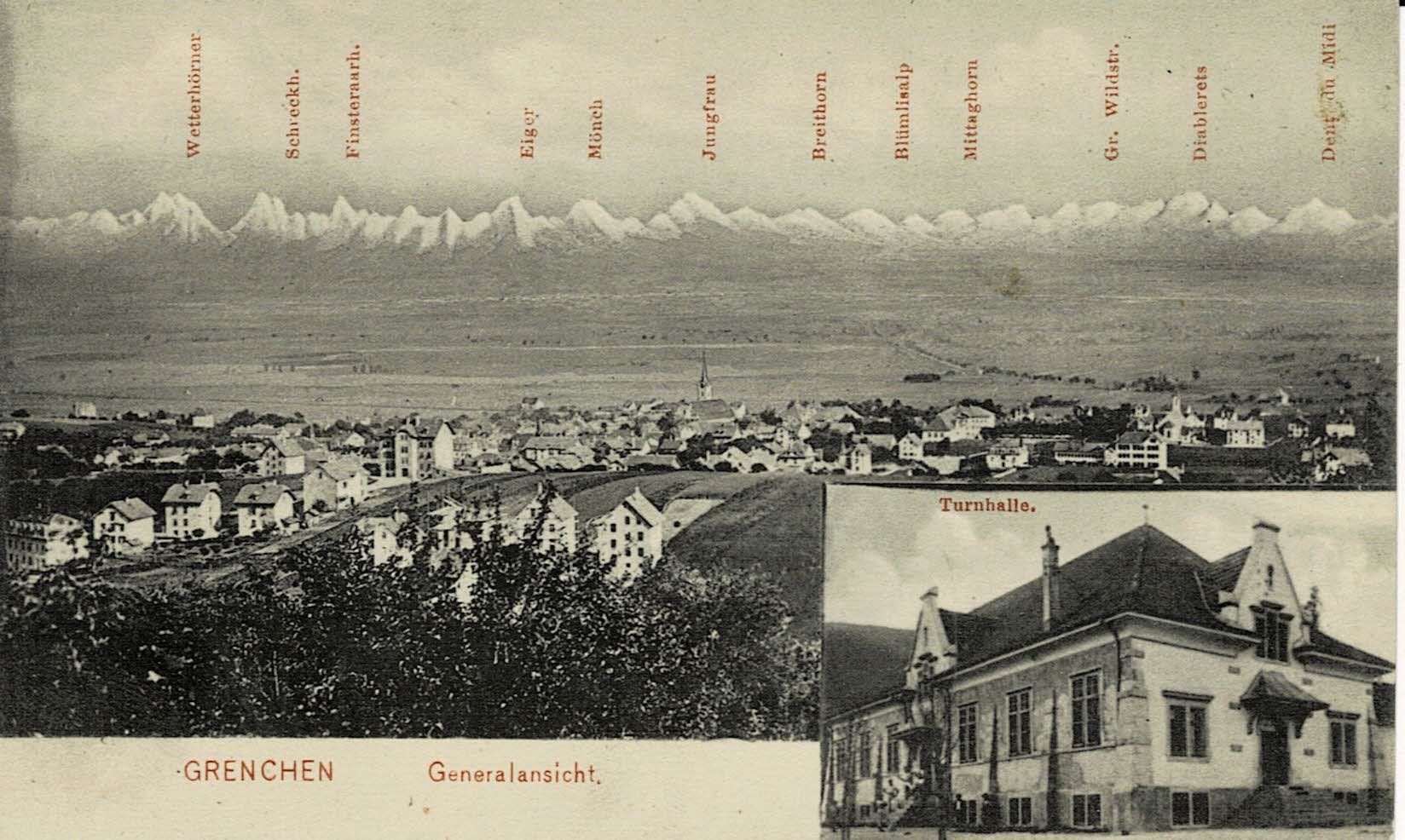 Ansichtskarten: GRENCHEN  Generalansicht mit Turnhalle SO ca 1920! – Neu (gemäss Beschreibung) aus Hergiswil NW von Kartenfrau