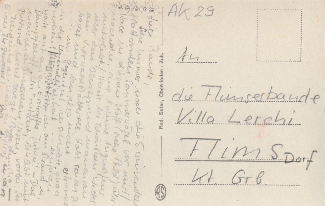 Cartoline postali: AB 29 Sedrun, ≈ 1950 – Usato da Freienbach venduto da Bhaltis 1
