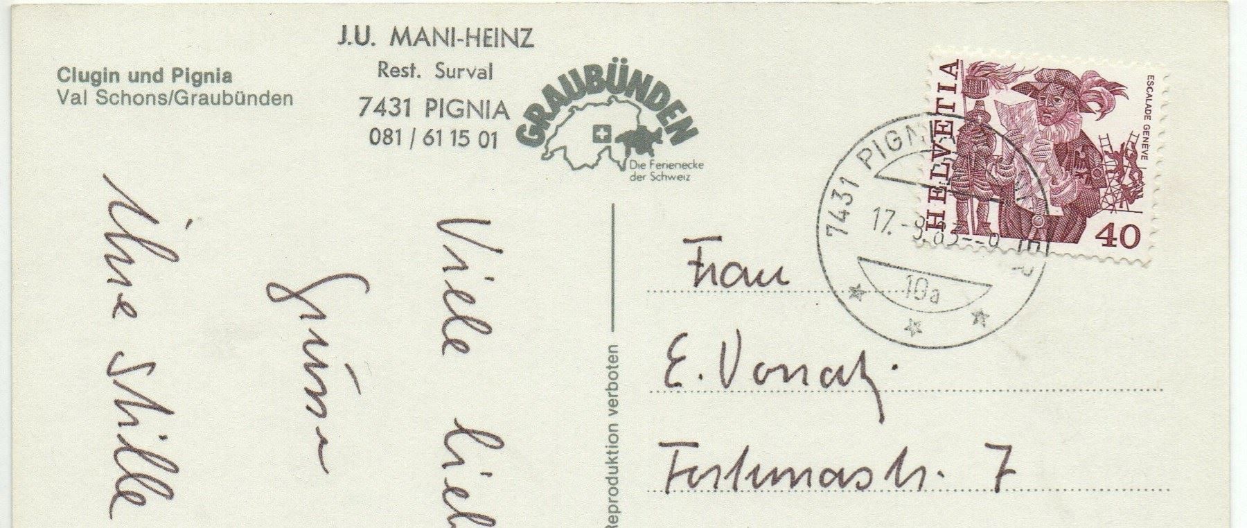 Cartoline postali: CLUGIN bei ANDEER und PIGNIA – Usato da Jona venduto da philajona 1