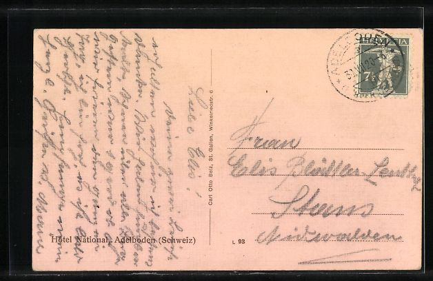 Cartoline postali: AK Adelboden, Hotel National, 1920 – Usato da Berlin venduto da bartko-reher 1