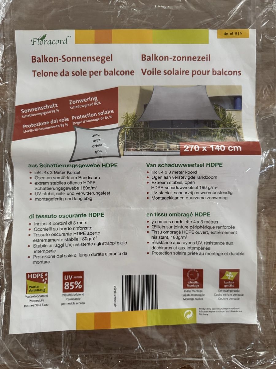 Markisen: Balkon-Sonnensegel 140 x 270 grau – Neu (gemäss Beschreibung) aus Bonstetten von Ckone1ch 2