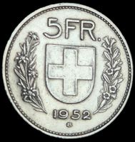 Top Silber 5 Franken 1952 Schweiz Rar