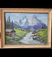Tableau huile paysage alpin avec moulin cadre bois