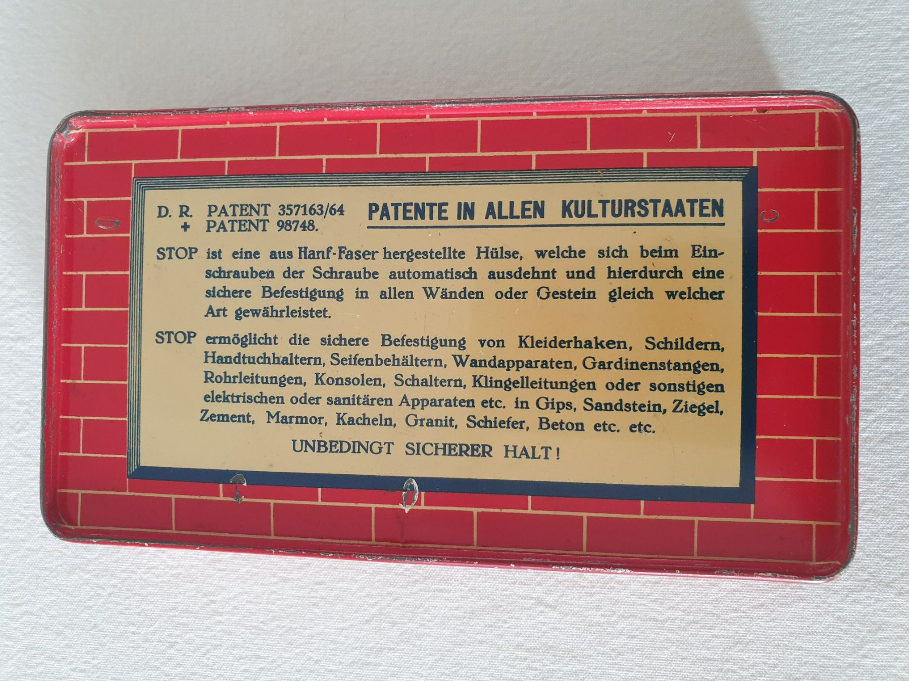 Barattoli: Vintage Blechdose STOP Universal Dübel D.R. Patent alt – Usato da Mörschwil venduto da spirspi 1