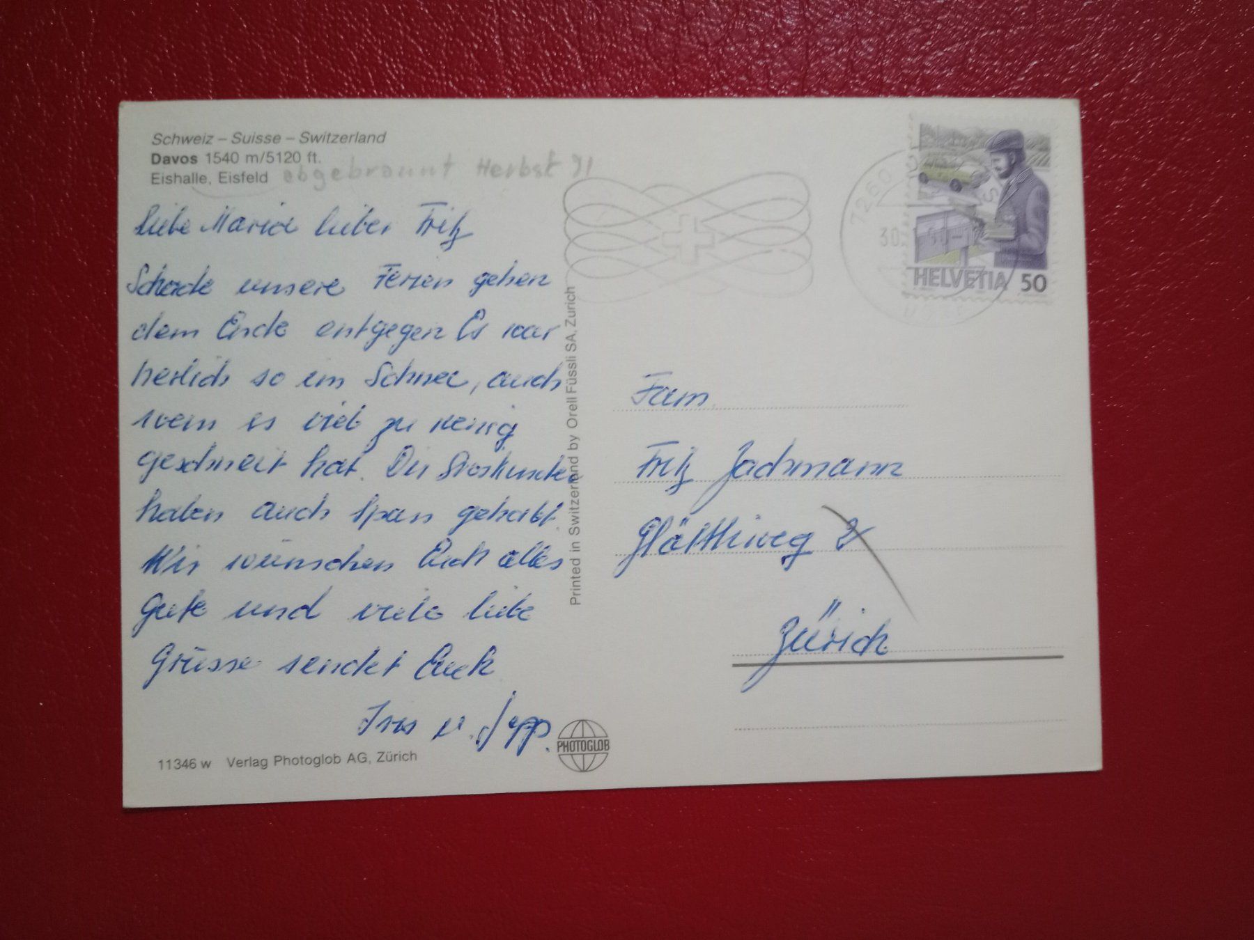 Ansichtskarten: Davos Flugaufnahme Eisfeld Eishalle Winter 1990 – Gebraucht aus Küttigen von Melisch1000 1