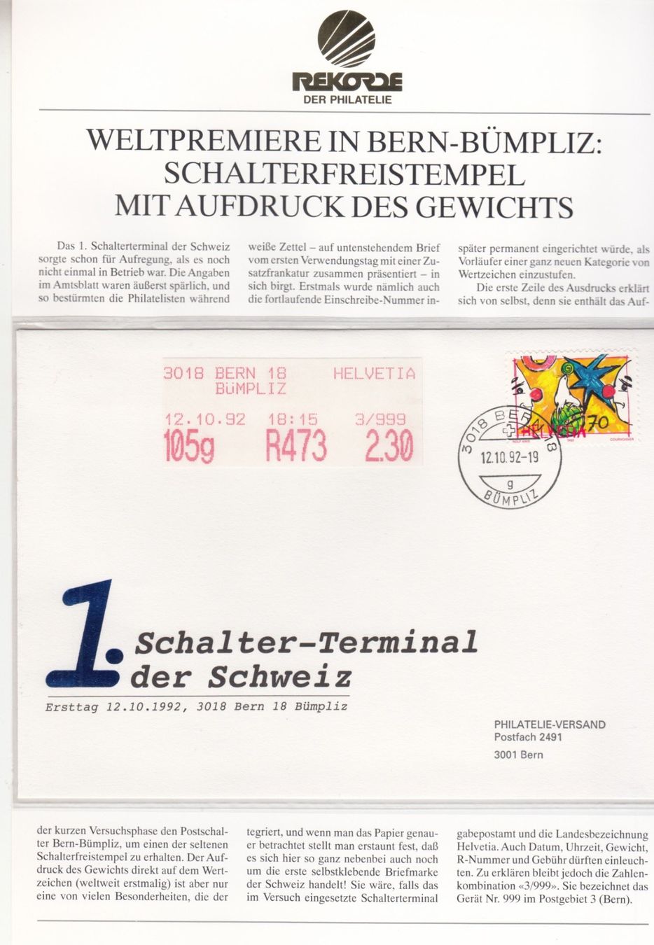 Tutti i francobolli: Rekorde der Philatelie, 5 Blatt Schweiz – Usato da Bürglen TG venduto da StampGraf 1