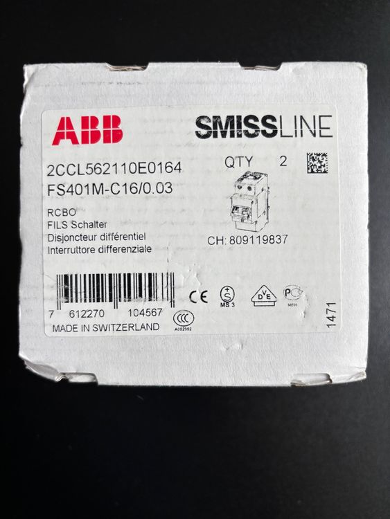 ABB FS401 RCCB, 1+N-polig, 16A, 30mA Typ C SMISSLINE (Neu und ...