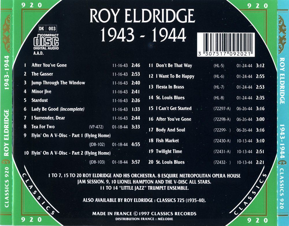 CD: Jazz-CD:  Roy Eldridge 1943 - 1944  (Classics) – Usato da Hochfelden venduto da mue_lhm9 2