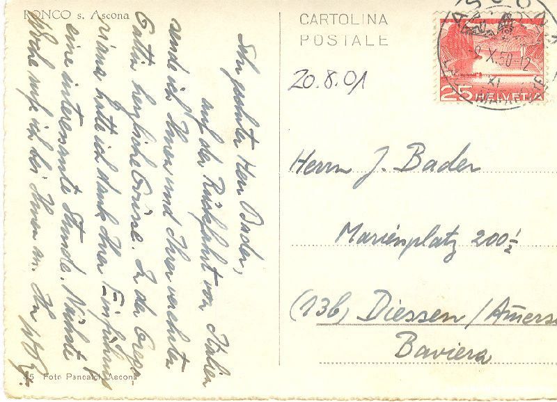 Cartoline postali: Ronco - s. Ascona + 1950 – Usato da Emmenbrücke venduto da teestube 1