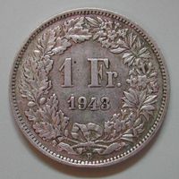 038 CH, 1 FRANKEN 1943 B, ABART, SILBER, ss