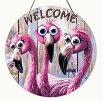 LUSTIGES WELCOME SCHILD MIT FLAMINGOS, AUS HOLZ NEU