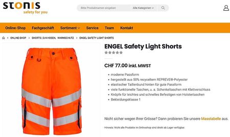 ENGEL SAFETY LIGHT SHORTS ARBEITSHOSE SICHERHEITSHOSE HOSE