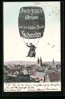 Schwelm, Mann auf Bierfass-Ballon wünsc