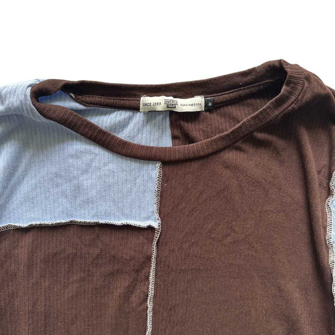 Top: Two-tone patchwork top, brown & light blue, Y2K, size S – Usato da Zofingen venduto da JumpInVintage 3