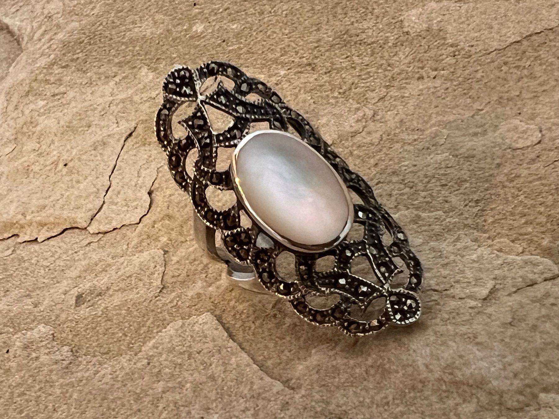 Anelli: Ring Art Deco Stil 925 Silber Markasiten und Perlmutter 57 – Nuovo (secondo la descrizione) da Bern venduto da Jiffy 3