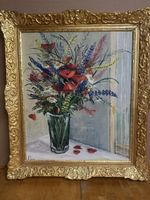 Huile sur toile encadrée vase rempli de de fleurs des champs