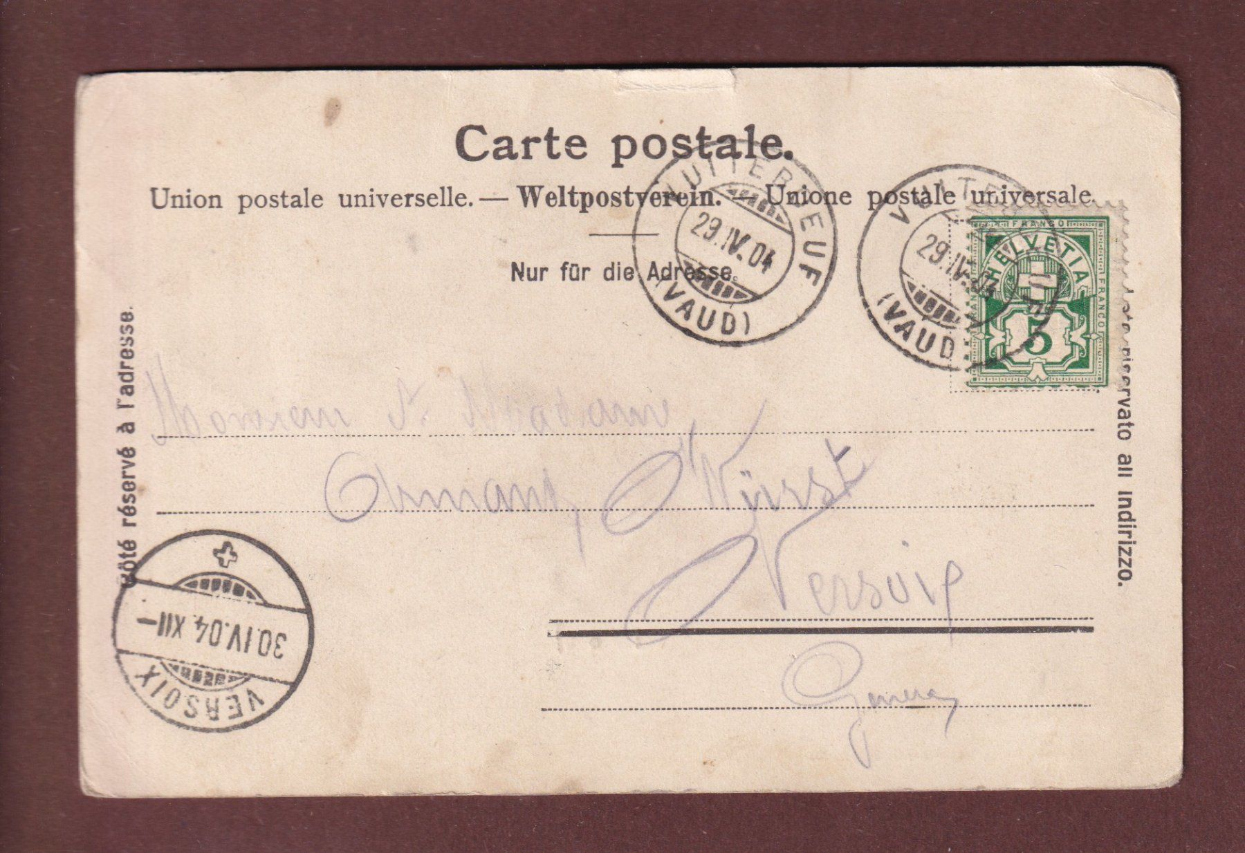 Ansichtskarten: VUITEBOEUF - 1904 – Gebraucht aus Pully von nicecards-shop 1