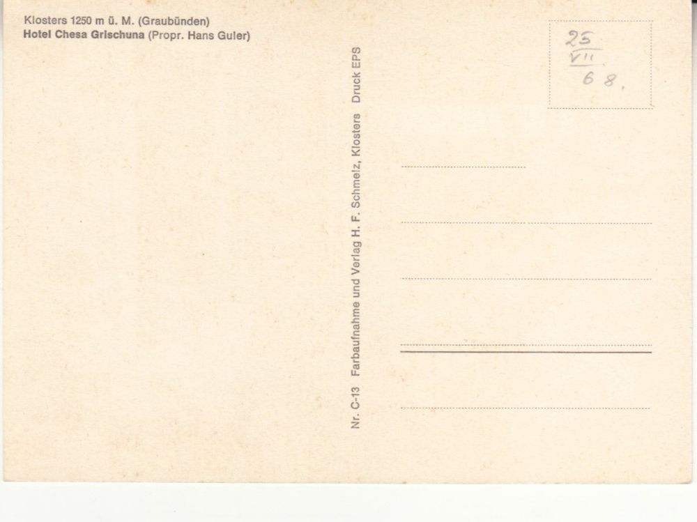 Ansichtskarten: Klosters Chesa Grischuna 1968 – Gebraucht aus Bürglen TG von StampGraf 1