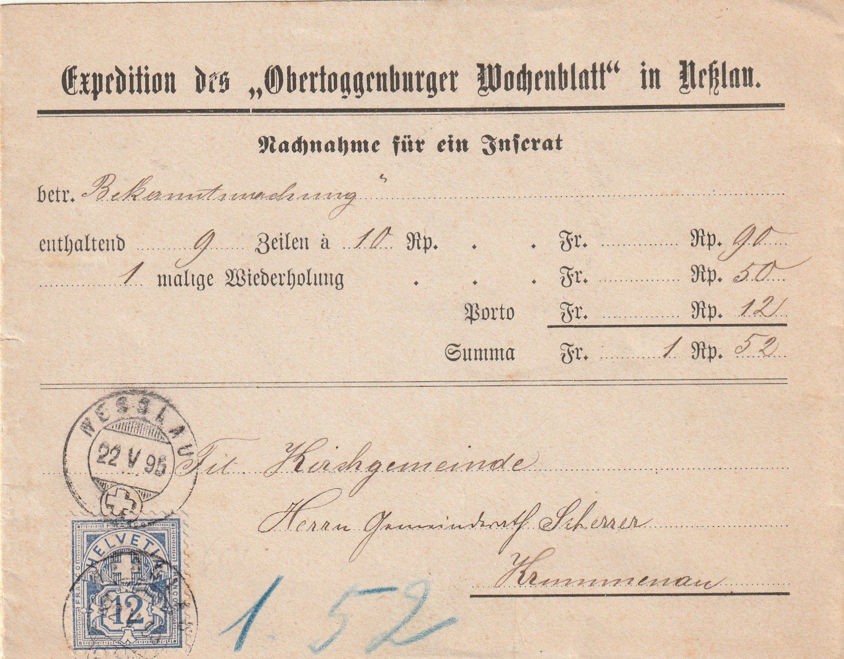 Tutti i francobolli: NN-Streifband 1895 Nesslau – Usato da Rorschacherberg venduto da fratovi2