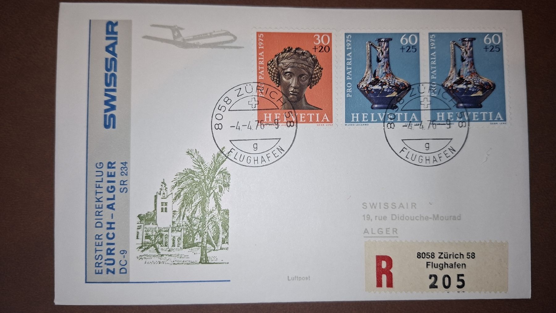 Tutti i francobolli: Swissair Zürich - Algier 04.04.1976 – Usato da Balgach venduto da SIMEON27
