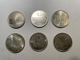 5 Franken Sondermünzen, 6 Stück, diverse