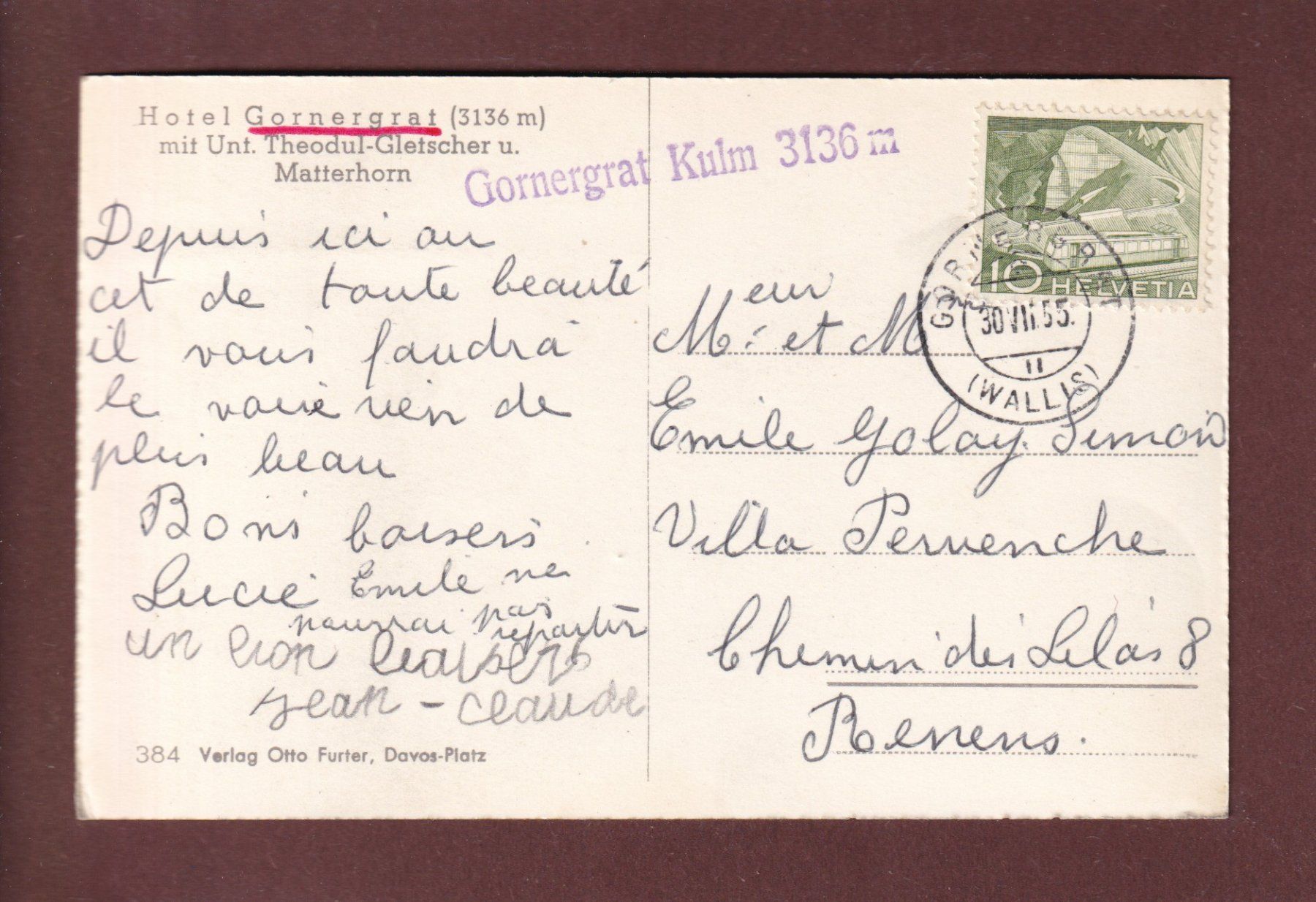 Cartoline postali: GORNERGRAT - Hotel - Matterhorn - 1955 – Usato da Pully venduto da nicecards 1