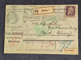 Postpaketschein Deutschland-Schweiz 1914 mit Stempel Basel