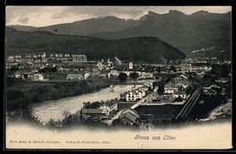 AK Olten, Ortspanorama mit Fluss, Brücke und Bahnanlage