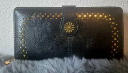 Portafoglio nero con zip e decorazioni dorate, donna