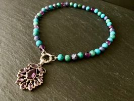 Traumhafte Amethyst Edelstein Anhänger Halskette Silber