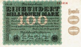 Berlin 100 Mio. Mark v. 22.8.1923, mit KN 141414 VZ+