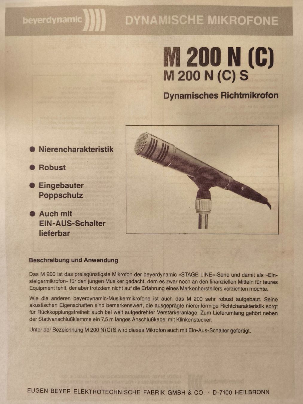 Beyerdynamic Microfoni: Beyerdynamic M200 N/C Mikrofon /Microphone Dynamic / Vintage – Usato da Bettlach venduto da Rockingfish 8
