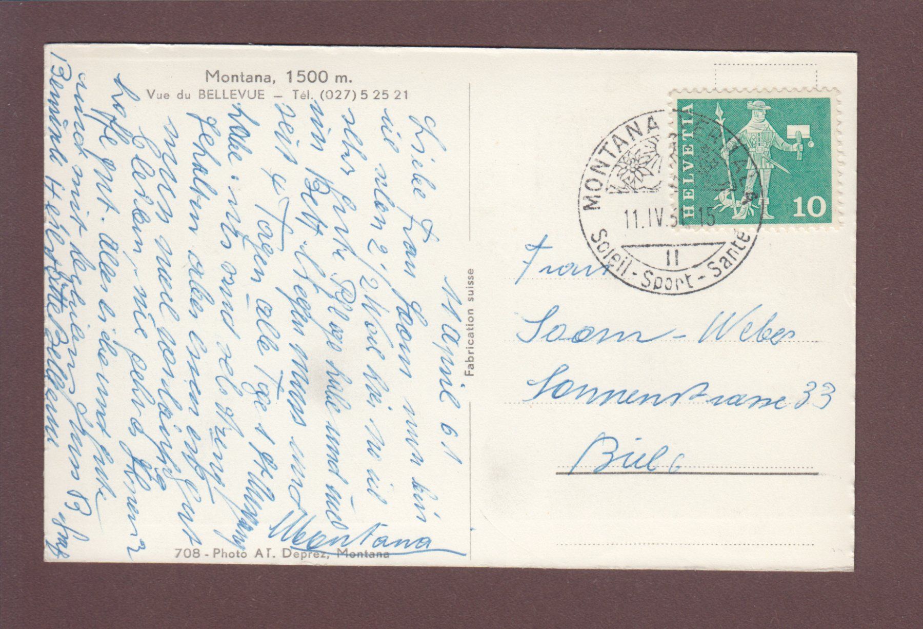 Cartoline postali: MONTANA - Bellevue - 1961 – Usato da Pully venduto da nicecards 1