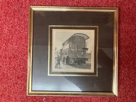 Antiker Bahn Holzschnitt Zweistöckiger Wagen gerahmt 1860