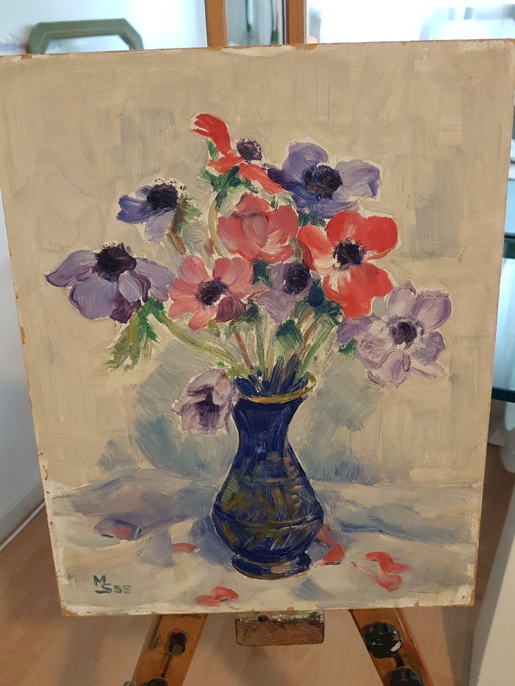 Dipinti: Ölbild 1955 "Anemonen" – Monogrammiert MS – Usato da Glattbrugg venduto da casabelavista 5