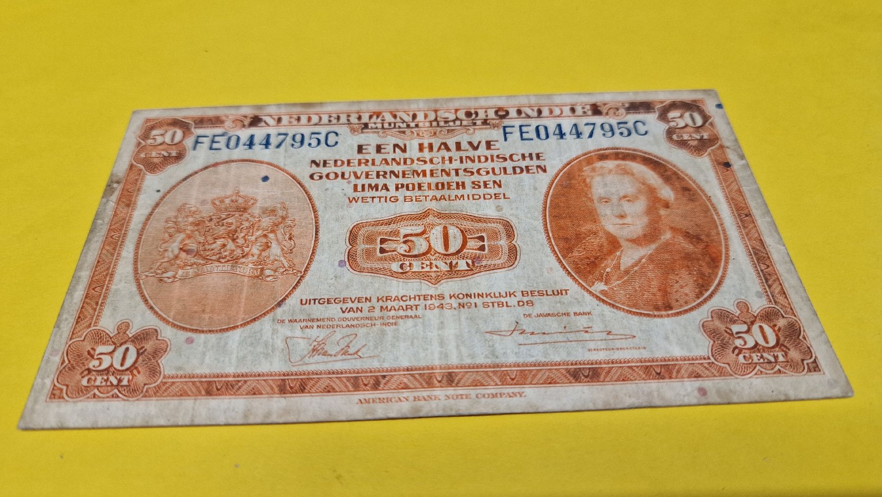 Banconote: 50 Cent Java, Nederlandsch-Indische, Sammlerstück, 1943 – Usato da Herisau venduto da Antiques.AR