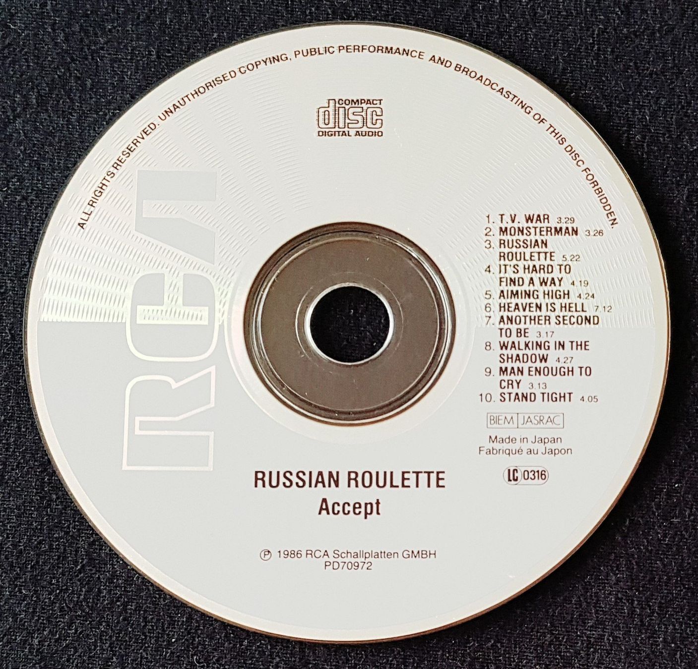 CD: Accept ‎– Russian Roulette - CD - 1986 - First Press - RCA ‎ – Usato da Uster venduto da Zardodel 2