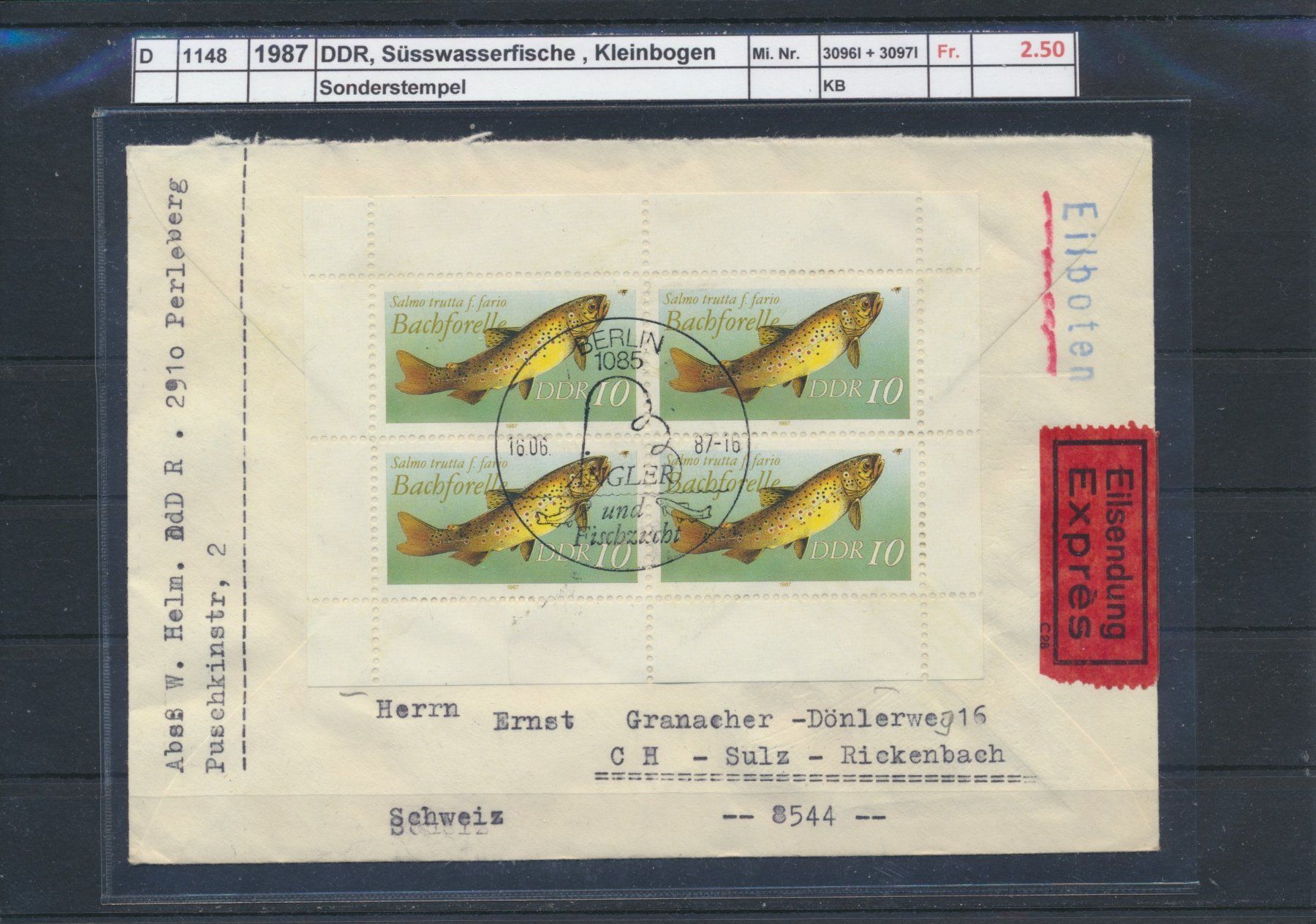 Tutti i francobolli: 1987 DDR, Süsswasserfische - Kleinbogen, Sonderstempel – Usato da Winterthur venduto da Zupogeru 1