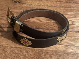 Alter Appenzeller Ledergürtel schwarz mit Kuh & Ornamenten