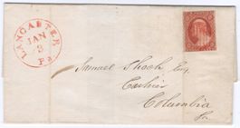 THREE CENTS Washington auf Faltbrief von LANCASTER (rot)