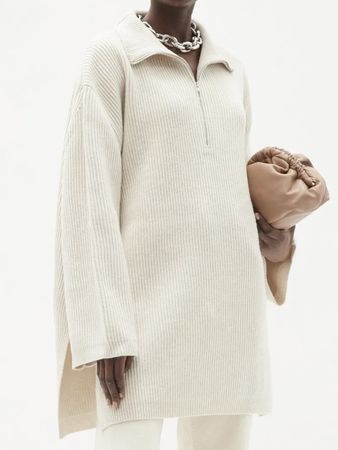 Totême Oversized Zip-Neck Ribbed Wool Sweater