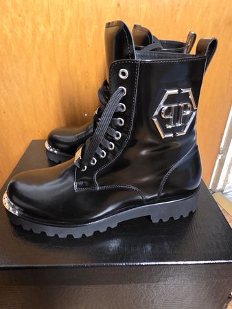 Philipp Plein Stivali in pelle con logo, 42 EU come nuovi