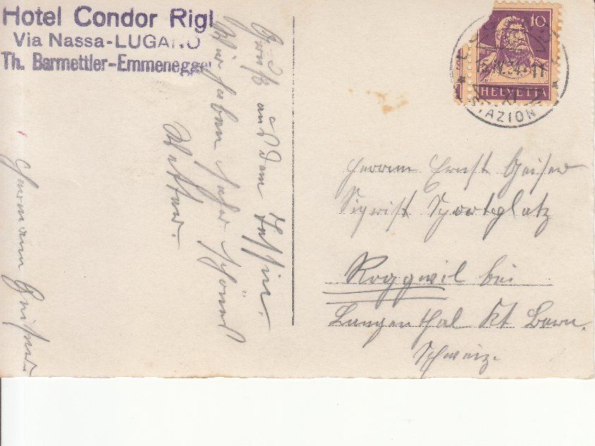 Cartoline postali: Lugano Stempel Hotel Condor Rigi 1934 – Usato da Bürglen TG venduto da StampGraf 1