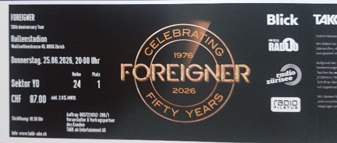 Biglietti: 1 Ticket Foreigner Konzert Zürich – Nuovo (secondo la descrizione) da Wolfenschiessen venduto da Badino