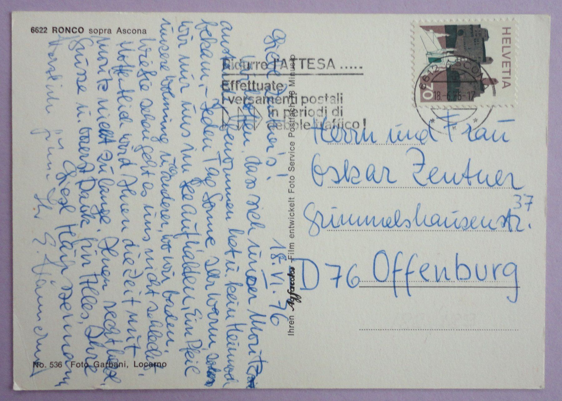 Cartoline postali: Ronco sopra Ascona – Usato da Fétigny venduto da Billy2miny 1