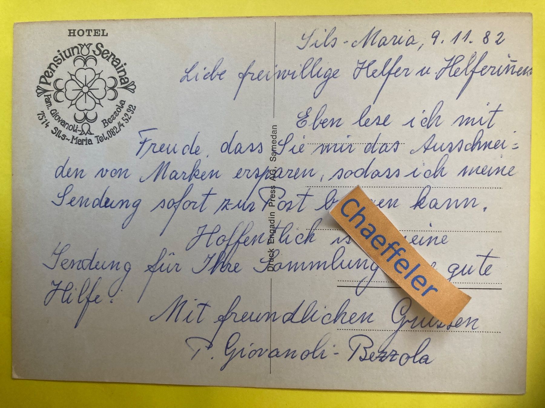 Cartoline postali: 1982 Hotel Pension Seraina, Sils-Maria – Usato da Zürich venduto da Chaeffeler 1